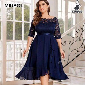 2XL Plus Blue Lace Bodice Ruffle Hem Cocktail Party Swing Dress - Pre-Loved